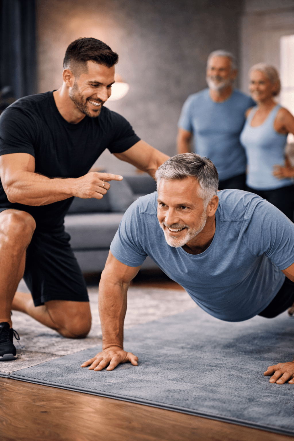 Personal trainer working with client in home setting